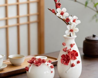 Handcrafted Ceramic Plum Blossom Vase Set | Red 3D Floral Chinese Vase | Minimalist Zen Home Decor | Porcelain Flower Vase | Gift For Mom