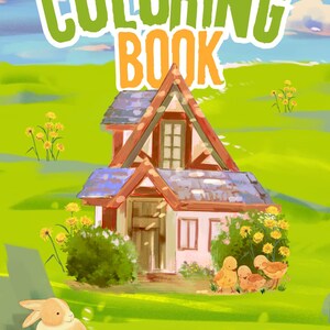 May include: A coloring book cover with the title "COLORING BOOK" in green and orange. The illustration features a quaint house with a red roof, surrounded by yellow flowers and a bunny. The publisher's name, "Joyfull press," is at the bottom.
