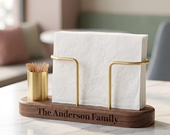 Personalized Solid Wood Napkin Holder with Toothpick Dispenser, Custom Engraved Tissue Holder for Home Cafe Restaurant Wedding Gift
