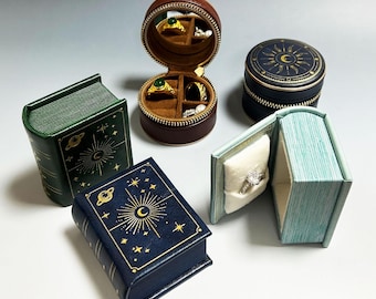Caja para anillos personalizada con diseño de cielo estrellado, caja para guardar anillos con diseño de sol y luna, caja para anillos de compromiso, caja única para anillos de pedida de mano, caja para guardar joyas de aniversario.
