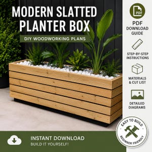 May include: A rectangular wooden planter box with horizontal slats, filled with white decorative stones and various green plants. The image includes text: MODERN SLATTED PLANTER BOX, DIY WOODWORKING PLANS, PDF DOWNLOAD GUIDE, STEP-BY-STEP INSTRUCTIONS, MATERIALS & CUT LIST, DETAILED DIAGRAMS, INSTANT DOWNLOAD, BUILD IT YOURSELF, EASY TO BUILD, BEGINNER FRIENDLY.