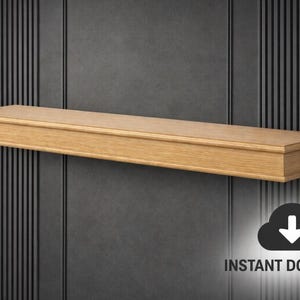 May include: A light oak floating shelf with a decorative edge is mounted on a dark grey wall. The shelf is rectangular. The words "INSTANT DOWNLOAD" are below a cloud icon. The shelf is approximately 120 cm long.