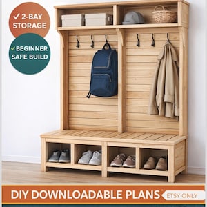 May include: Wooden entry storage unit with a bench, shoe storage, coat hooks, and a shelf. A blue backpack and tan coat hang on the hooks. The text "ASHEK ENTRY STORAGE PLANS" is at the top. The unit has a 2-bay storage and is beginner safe.