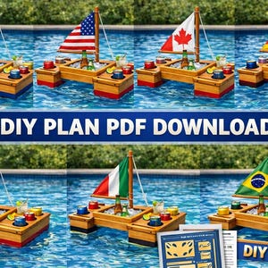 Pode incluir: Bar flutuante de madeira com várias bandeiras nacionais como velas, incluindo EUA, Canadá e Reino Unido, numa piscina. Cada bar tem porta-copos, baldes de gelo e uma área central para garrafas. A imagem também inclui o texto "DIY PLAN PDF DOWNLOAD".