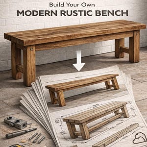 May include: A wooden bench with a modern rustic design is featured in this image. The bench is made of light brown wood and has a rectangular seat and four sturdy legs. The image also includes a DIY plan with measurements in millimeters and tools.