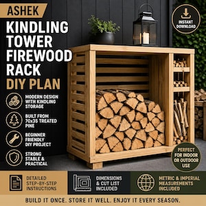 Puede incluir: Un estante de leña de madera con almacenamiento de leña, construido con pino tratado. El estante está lleno de troncos y leña. El texto de la imagen dice "Kindling Tower Firewood Rack DIY Plan". El diseño es moderno y adecuado para uso en interiores o exteriores.