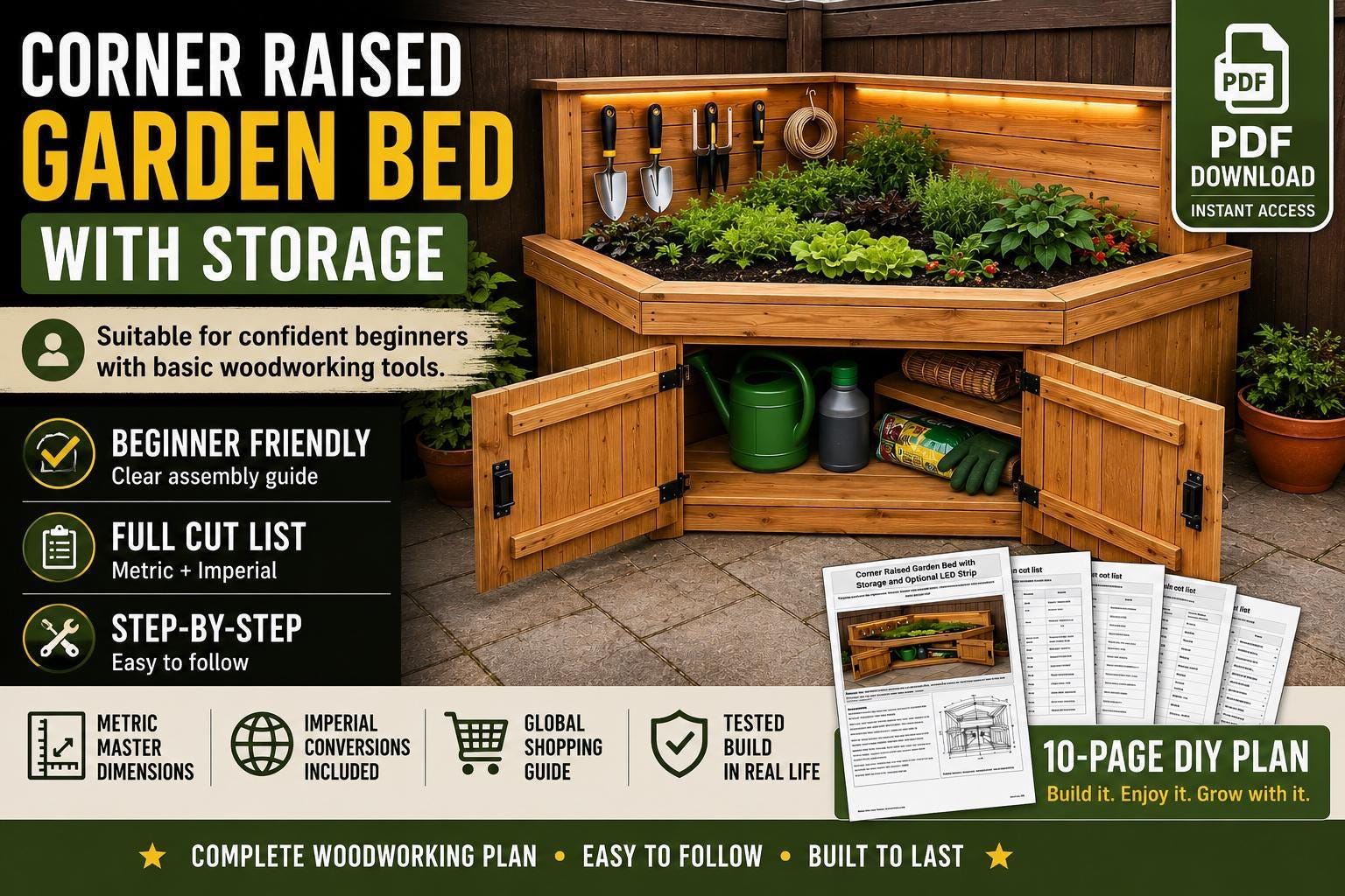 Corner Raised Garden Bed with Storage - DIY Woodworking Plans (PDF Download)