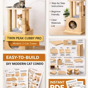 May include: DIY PDF download plan for a modern 2-cat tower. The image shows a finished cat tower with two cats, and a step-by-step guide. The text reads "Easy-to-Build DIY Modern Cat Condo".