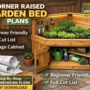 Hörnupphöjd trädgårdsbädd med förvaring – DIY-träbearbetningsplaner (PDF-nedladdning)