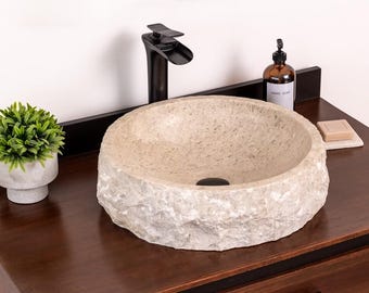 Natural Stone Vessel Sink – Winston Ojinaga Marble Bathroom Basin, Handmade Rustic Vanity Sink, Luxury Stone Wash Bowl