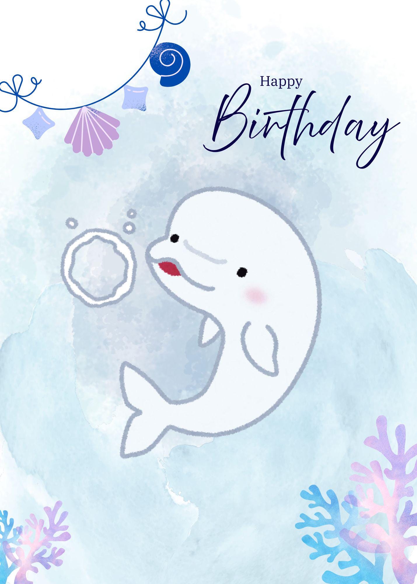Dolphin Birthday Card | Watercolor Ocean Theme (PDF Printable Download ...