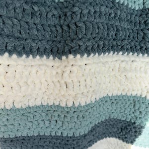 May include: A close-up of a soft, textured blanket with horizontal stripes. The blanket features alternating bands of white, light blue, and dark teal colors. The plush material appears cozy and inviting, perfect for home decor.