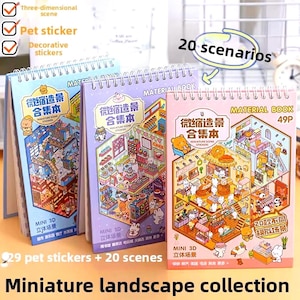 May include: Three miniature landscape collection books with spiral binding. The covers feature colorful illustrations of miniature scenes with text that reads "Mini 3D Miniature Scene Stickers". The books include 29 pet stickers and 20 scenes.