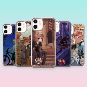 Könnte beinhalten: Fünf transparente Handyhüllen mit farbenfrohen Illustrationen. Die Designs zeigen Cartoon-Charaktere in verschiedenen Umgebungen, darunter eine Person auf einem Fahrrad, eine Gruppe von Füchsen, eine Figur mit einer Zigarette und andere skurrile Szenen. Die Hüllen werden vor einem blauen Farbverlaufshintergrund präsentiert.