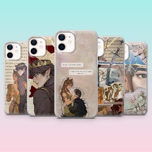 May include: A collection of five phone cases with fantasy-themed illustrations. The cases feature images of characters, quotes, and book covers. The designs include a variety of colors, including brown, beige, and black, with text overlays.