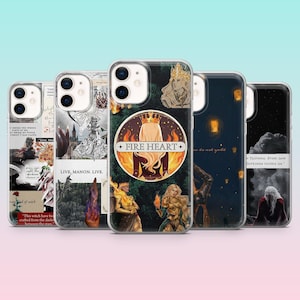 May include: A collection of five phone cases with various designs. One case features a circular design with the text "FIRE HEART". Other cases display illustrations, quotes, and imagery in shades of black, white, and gold.