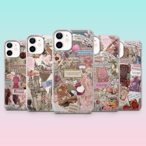Puede incluir: Una colección de cinco fundas transparentes para teléfono con un diseño de collage. Cada funda presenta una disposición única de imágenes, texto e ilustraciones de estilo vintage en tonos rosa, beige y rojo. Las fundas están dispuestas en fila.
