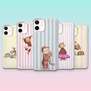 Niedliche Affe Handyhülle, Pastell gestreift, für iPhone 17Pro, 16, 15, 14, 13, 12, Samsung S26, S25, S24, S23Fe, A16, A56, Pixel 10, 9Pro, 8