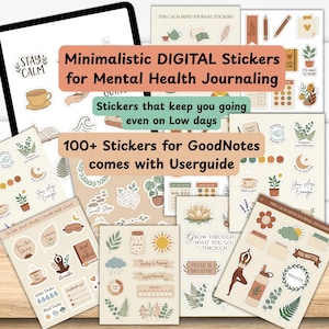 May include: A collection of digital stickers for mental health journaling. The stickers feature minimalist designs with calming imagery, including plants, coffee cups, and inspirational quotes. The text on the image says "Minimalistic DIGITAL Stickers for Mental Health Journaling".