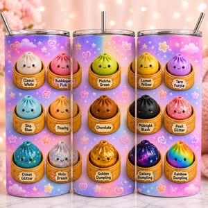 May include: A cylindrical tumbler with a straw featuring a pastel galaxy background with stars and hearts. It displays twelve colourful dumpling characters in bamboo steamers, each labelled with names like Classic White, Matcha Green, and Rainbow Dumpling.