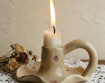 Hand Painted Ceramic Candle Holder with Twisted Handle - Vintage Floral Candlestick for Romantic Home Decor, Custom Ceramic Candle Holder