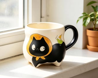 Black Cat Ceramic Mug, Cute Cat Gnome Coffee Cup, Cottagecore Cat Tea Mug, Gift For Cat Lover, Cat Mom Gift, Handmade Cat Shaped Mug