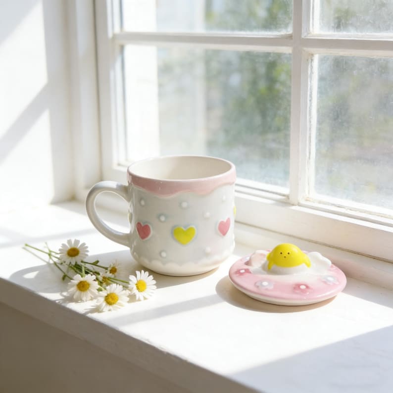 Peut inclure: Une tasse en c&eacute;ramique blanche avec un bord rose et des motifs en forme de c&oelig;ur roses et jaunes. La tasse a un couvercle assorti avec un poussin jaune. Des marguerites sont plac&eacute;es pr&egrave;s de la tasse sur un rebord de fen&ecirc;tre.