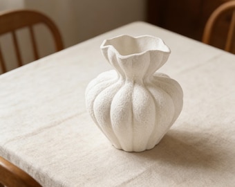 Textured Ceramic Vase, Pumpkin Shaped Vase, Wabi Sabi Decor, Ruffled Edge Vase, Matte White Vase, Boho Home Decor, Rustic Shelf Decor