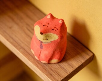 Fox Ceramic Figurine, Mini Fox Desk Decor, Handmade Clay Fox Ornament, Cute Animal Shelf Accent, Gift For Fox Lover, Kawaii Room Decor
