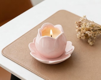 Rosa tulpanljusstake i keramik | Blomformad värmeljusstake | Boho heminredning | Present till henne | Mors dag-present