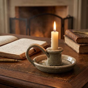 Op de afbeelding: Een lichtbeige taps toelopende kaars brandt in een ronde, saliegroene keramische kandelaar met een craquelé afwerking en een gebogen handvat. De kandelaar heeft een brede, ondiepe voet met zichtbare druppels kaarsvet rond de kaarshouder.