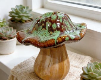 Mushroom Decor, Ceramic Wood Mushroom, Toadstool Figurine, Green Drip Glaze, Home Decor, Forestcore Shelf Accent, Boho Window Decor