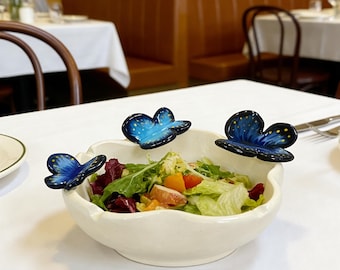 Handmade Ceramic Butterfly Bowl, 3D Blue Butterfly Salad Bowl, Kitchen Decor, Cottagecore Serving Bowl, Personalized Ceramic Bowl