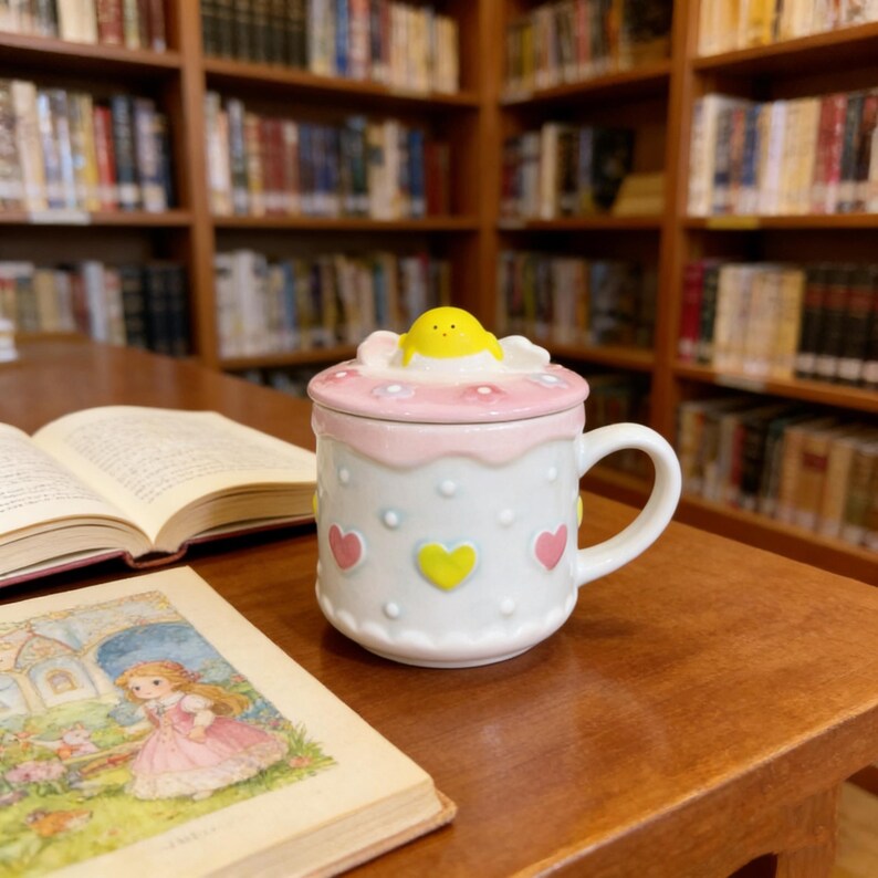 Mug en céramique, Mug avec couvercle poussin, Mug coeur pastel, Oeuf sur le plat, décoration de poussin, Cuisine cottagecore, Jolie tasse à café, Cadeau pour elle, Adorable accessoire de bureau image 5