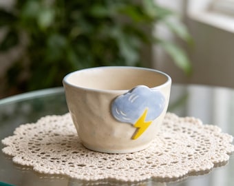 Handmade Cloud Lightning Mug, 3d Thundercloud Ceramic Mug, Weather Themed Coffee Cup, Hand Sculpted Pottery Mug, Personalized Cup