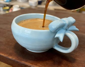 Handmade Bowknot Coffee Mug, Custom Ceramic Mug, Cute Coffee Cup, Personalized Coffer Cup, Coffee Lover Gift, Bowknot Cup