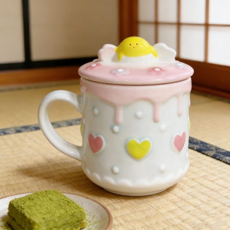 Mug en céramique, Mug avec couvercle poussin, Mug coeur pastel, Oeuf sur le plat, décoration de poussin, Cuisine cottagecore, Jolie tasse à café, Cadeau pour elle, Adorable accessoire de bureau image 3