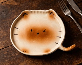 Cat Face Ceramic Plate, Winking Cat Serving Dish, Cottage Core Cat Tableware, Gift For Cat Lover, Handmade Cat Pottery Dish, Handmade Dish