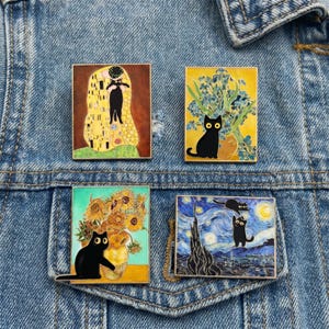 May include: Four enamel pins featuring black cats in famous art. One pin depicts a cat in Klimt's "The Kiss", another in a vase of blue flowers, a third with sunflowers, and the last with a starry night scene.