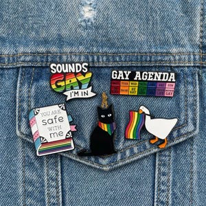 Può includere: Una collezione di spille smaltate con temi LGBTQ+ su una giacca di jeans. Le spille includono le frasi "Sounds Gay I'm In", "Gay Agenda" e "You Are Safe With Me". Altre spille raffigurano un gatto nero, un libro e un'anatra.