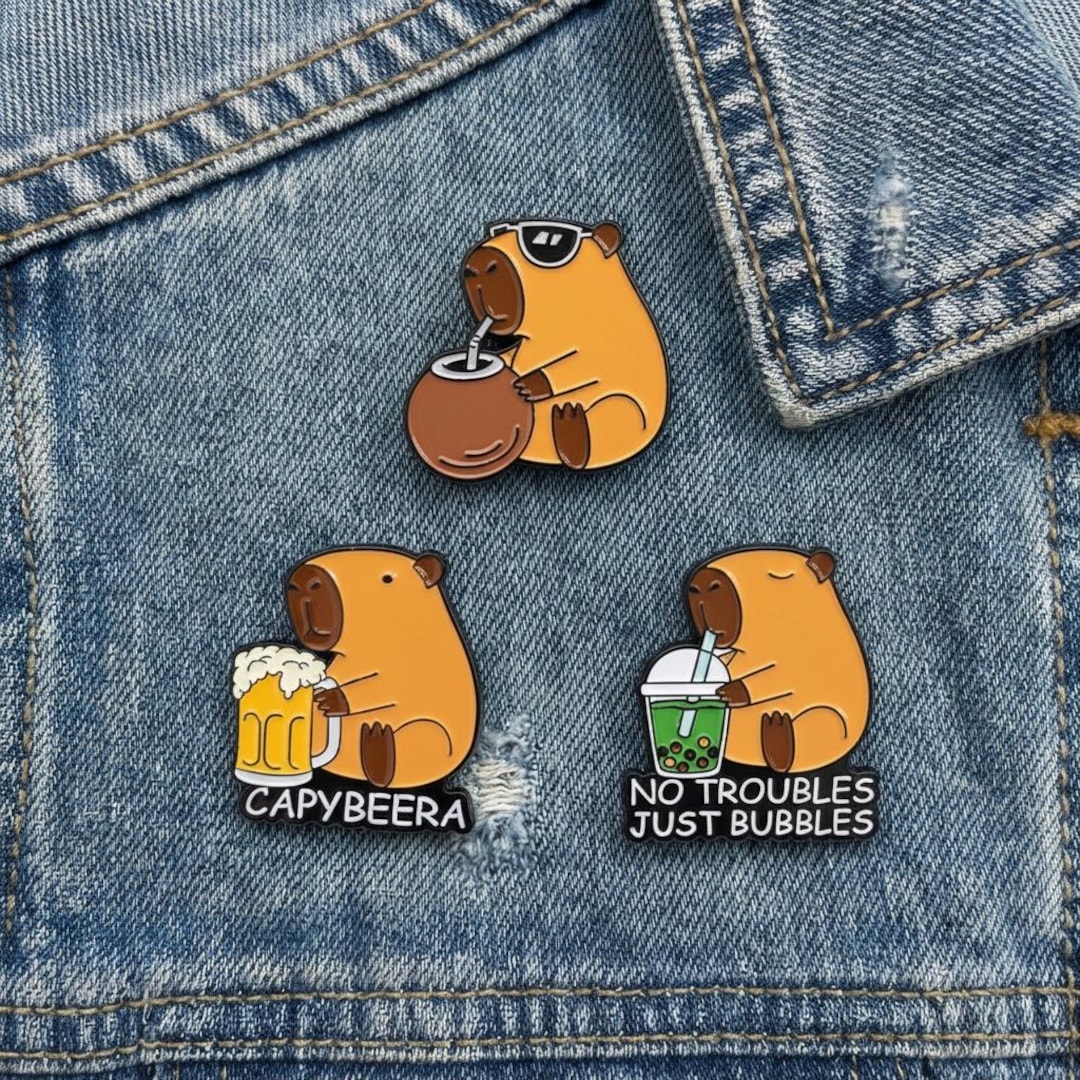 Capybara Enamel Pins Set, Cute Capy Drinking Pin, Capybeer Bubble Tea ...