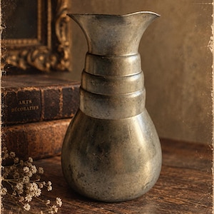 May include: A metallic vase with a weathered, tarnished silver finish. The vessel features a wide, flared rim that tapers down into a series of three distinct, rounded horizontal bands, leading to a bulbous, rounded base with a smooth surface.