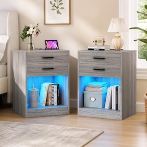 Grey LED Nightstand Set of 2, Bedside Tables with Charging Station & USB Port