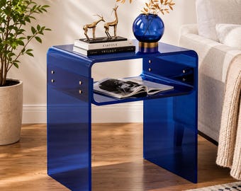 Royal Blue Acrylic Side Table, 2-Tier Nightstand for Bedroom Living Room Storage