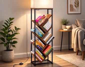 Bibliothèque à 8 niveaux avec éclairage LED et lampadaire vintage