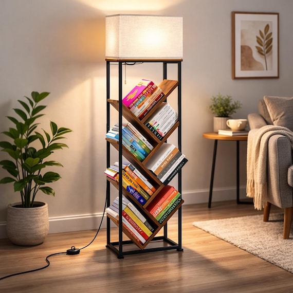 8 Tier Tree Bookshelf with LED Light Vintage Floor Lamp Shelf