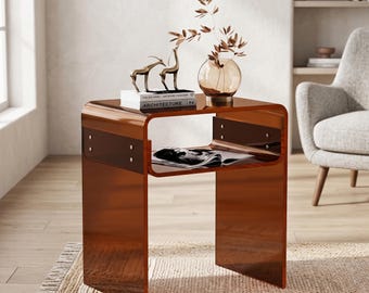 Clear Acrylic 2-Tier End Table,Brown Nightstand for Bedroom Living Room