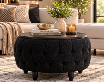 32" Teddy Fleece Round Storage Ottoman – Black Coffee Table