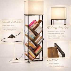 Pode incluir: Uma lumin&aacute;ria de ch&atilde;o com uma estante embutida. A lumin&aacute;ria tem uma c&uacute;pula retangular e uma estrutura de metal preta. A estante &eacute; feita de madeira e cont&eacute;m v&aacute;rios livros. A lumin&aacute;ria tem um interruptor de pedal e uma almofada de EVA.