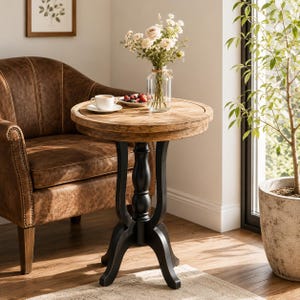 Rustic Farmhouse End Table, Round Accent Side Table with Natural Top, Black Base